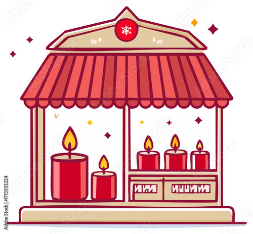 Illustration of a Candle Shop with Festive Red Candles and Lights