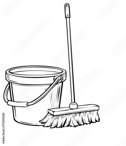Black and white illustration of a cleaning bucket and a broom