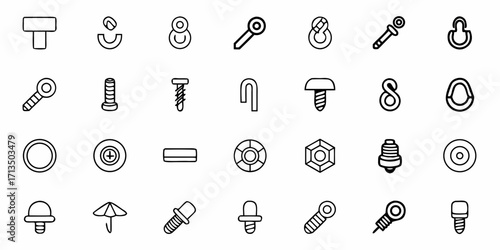 Collection of  Modern icon set featuring diverse fasteners, hardware, and tools for industrial design projects