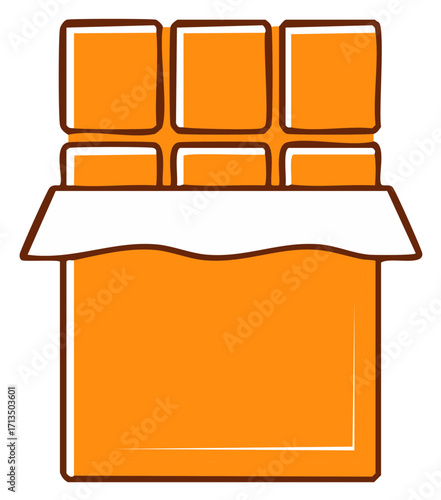 Partially unwrapped sweet chocolate bar with individual squares flat design illustration