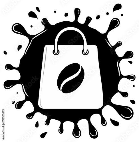 Coffee Bean Logo Shopping Bag Surrounded by Splashes Abstract Design for Coffee Shops