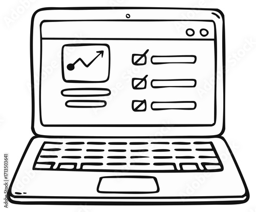 Hand-drawn laptop displaying a business growth chart and completed checklist tasks for productivity