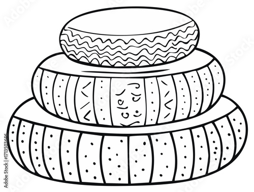 Stack of three patterned round pillows or cushions for decoration or comfort