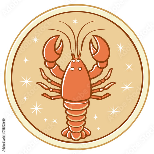 Orange crab zodiac sign symbol in a circle with stars astrological sign