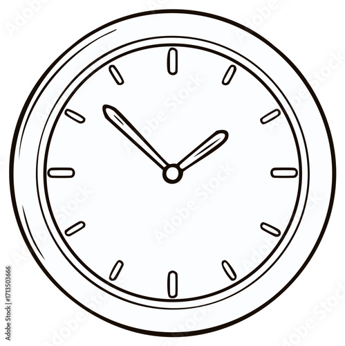 Line art round analog clock with clock face showing time at ten minutes past nine