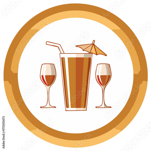 Illustration of a refreshing cocktail in the middle of two wine glasses forming a round elegant illustration
