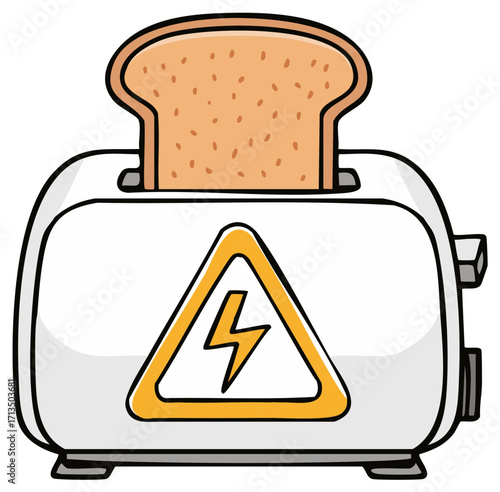 Cartoon illustration of a toaster with bread and a lightning bolt symbol for electrical hazard.