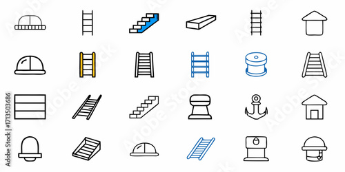 Collection of construction and safety icons including helmets, ladders, stairs, and building outlines.