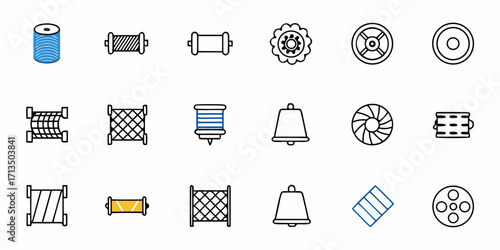Collection of sewing and craft icons including spools, bobbins, and decorative elements