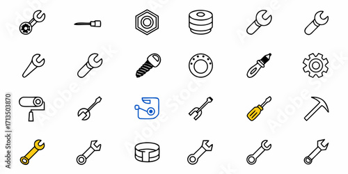 Collection of  Essential tools and hardware icons for construction, repair, and DIY projects