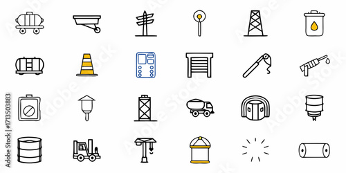 Collection of  Industrial icons collection featuring transport, equipment, and safety symbols for construction and energy sectors.