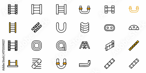 Diverse collection of simple, modern icons representing various abstract shapes and construction elements