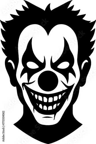 Creepy clown face silhouette with broken smile - horror circus concept vector with white background 
