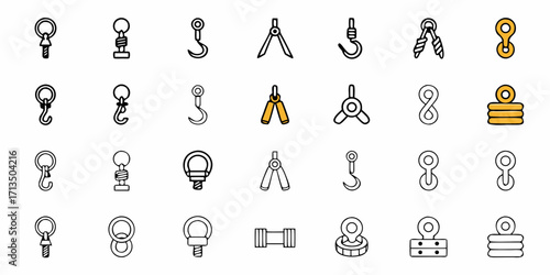 Collection of  Industrial hardware icons for lifting, fastening, and measurement tools