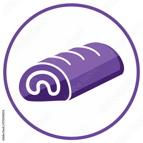Abstract purple swiss roll dessert icon with white swirls inside a circle frame