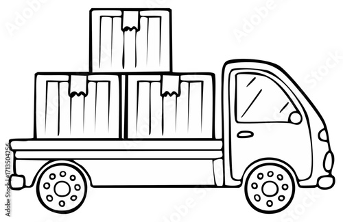 Hand drawn cartoon illustration of a compact freight truck transporting multiple parcels for express delivery service