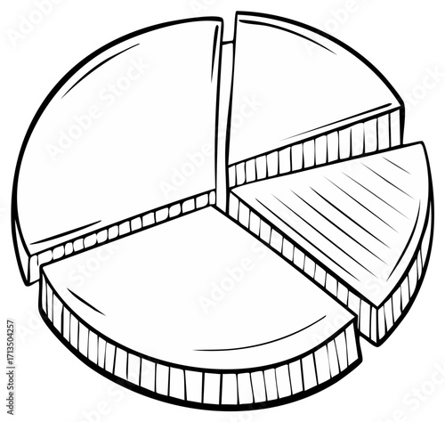 Hand drawn pie chart divided into four unequal sections representing data and analysis