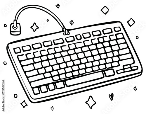 Hand drawn computer keyboard with sparkles cartoon doodle line art illustration