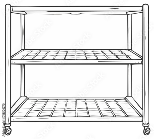 Hand drawn line art illustration of a portable utility cart with two empty shelves and wheels