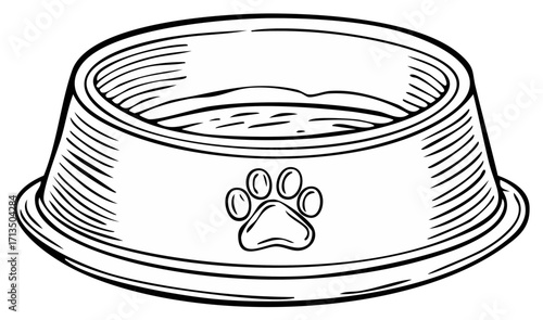 Black and white illustration of a pet food bowl with paw print design.