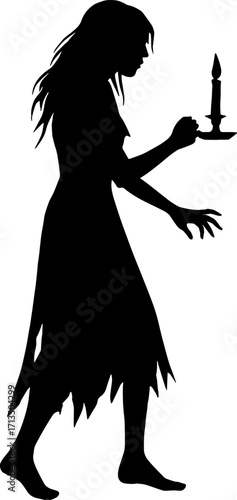 Horror silhouette of woman in torn dress holding candle vector with white background 