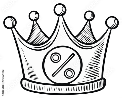 Hand drawn crown with a percentage sign. Concept of discounts and deals.