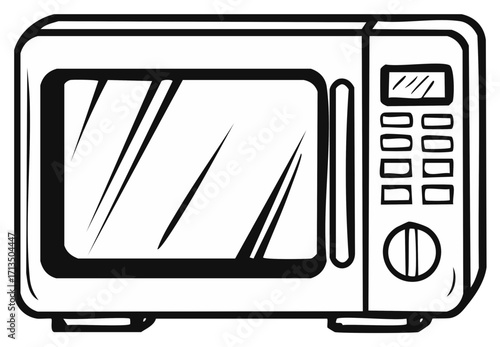 Black and White Line Art Illustration of a Modern Microwave Oven Kitchen Appliance for Cooking