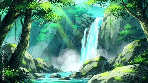 Lush waterfall cascading through a verdant forest
