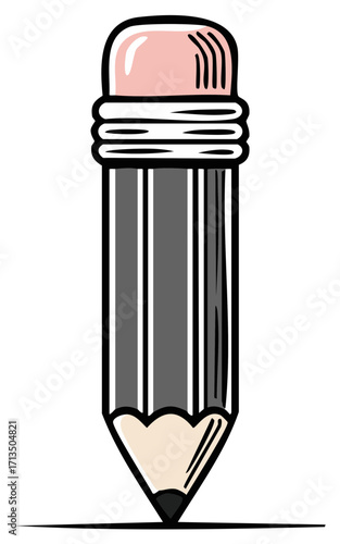 A cartoon grey pencil with a pink eraser ready for writing drawing and schoolwork