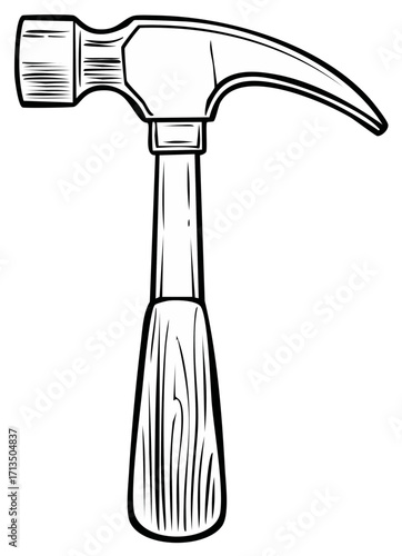 Line art illustration of a claw hammer, woodworking and construction tool