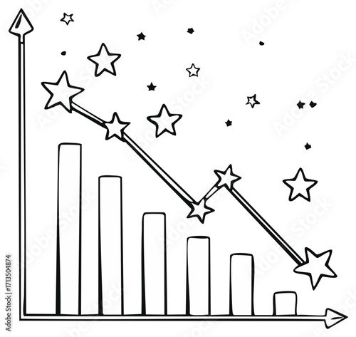 Hand-drawn graph showing a declining trend with stars symbolizing failure or disappointment.