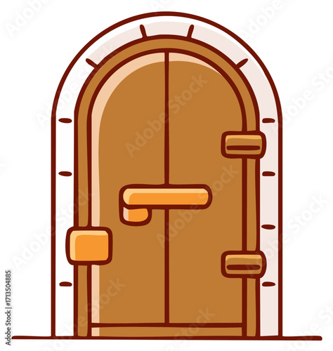 Cartoon wooden arched door with decorative elements and rustic handle, isolated illustration