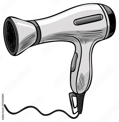 Modern hand held electrical hair dryer appliance with power cord and nozzle