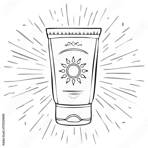 Hand drawn sunscreen lotion bottle with sun icon and radiating light. Summer sun protection cosmetic product sketch.