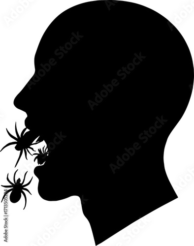 Silhouette of human head with spiders crawling out of mouth vector with white background 
