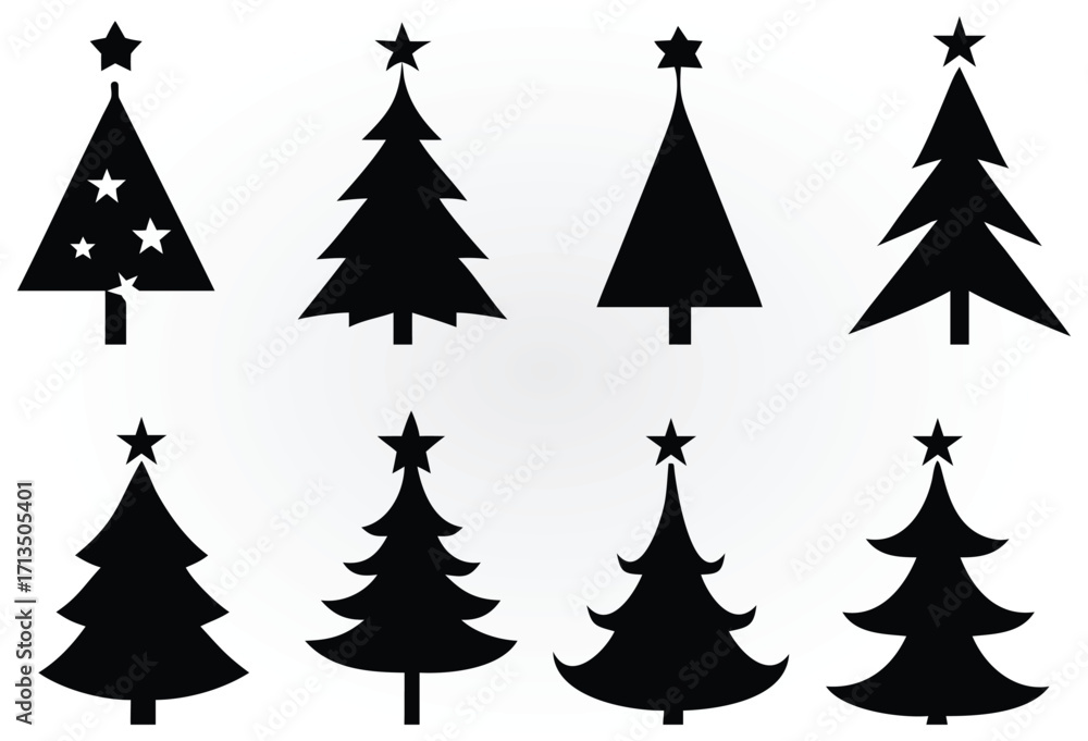 Obraz premium Set of Black Silhouette Christmas Trees with Stars