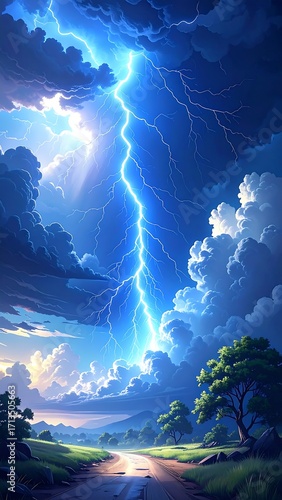 Dramatic lightning storm over landscape