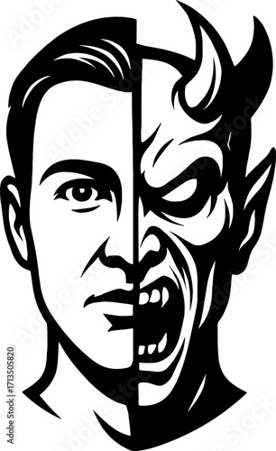 Split human face with one side normal and other side demonic in vector with white background