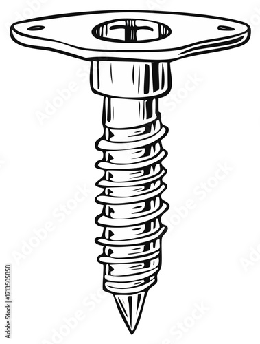 Vector Line Art Drawing of a Metal Screw with a Flange Head and Threaded Shank