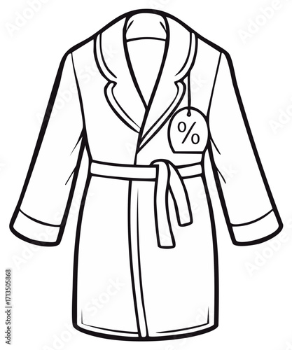 Cartoon line drawing of a bathrobe with a percentage discount tag for sales