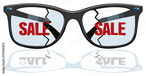 Broken Eyeglasses with SALE Text Reflecting on Surface