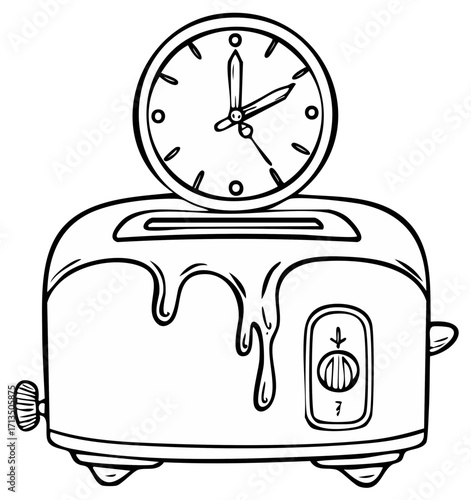 Breakfast Time Chaos Toaster Overflowing with Jam and Clock Reminding of Morning Rush Doodle Style Illustration