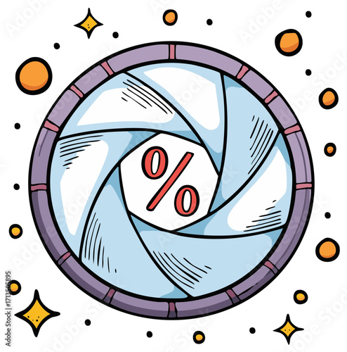 Stylized camera shutter design with a percentage symbol, abstract illustration.