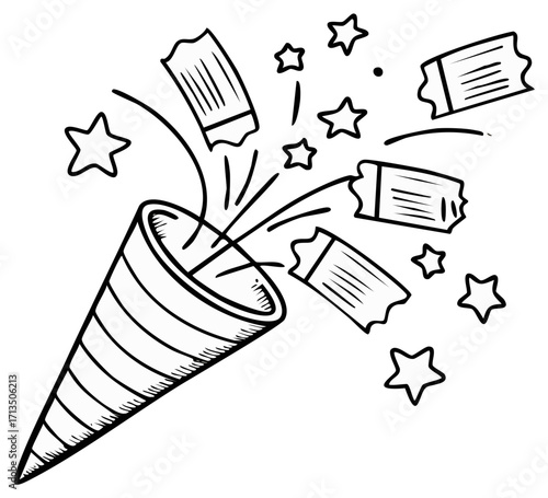 Party popper with star confetti and ticket pieces, black and white drawing.