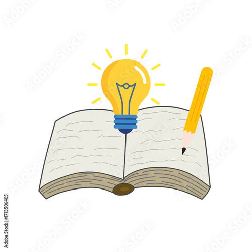 open book with light bulb and pencil symbolizing learning, creativity, writing, education, knowledge, and new ideas.