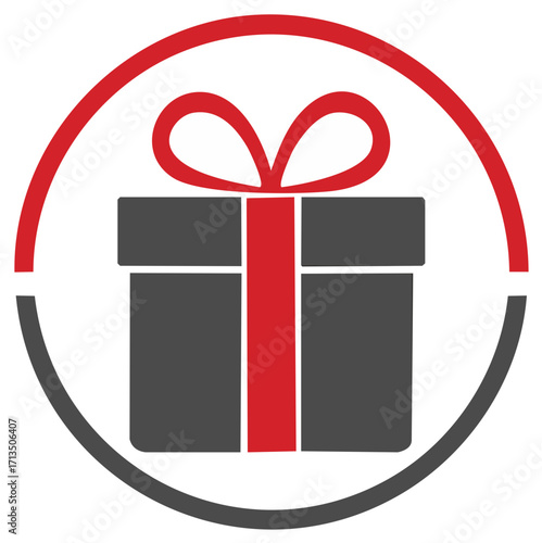 Gift box icon in circle, red ribbon and bow design for celebrations
