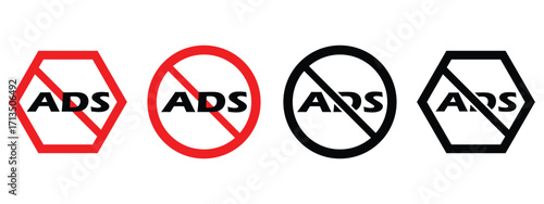 “No Ads & Ad Block Vector Icons – Prohibition Symbol Set in Red & Black”
