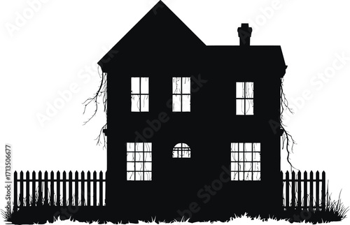 Spooky old house silhouette with overgrown vines haunted