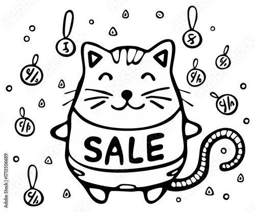 Cheerful Cat in Shirt Promoting Seasonal Discount Sales Event with Percentage Signs