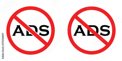 “No Ads & Ad Block Vector Icons – Prohibition Symbol Set in Red & Black”